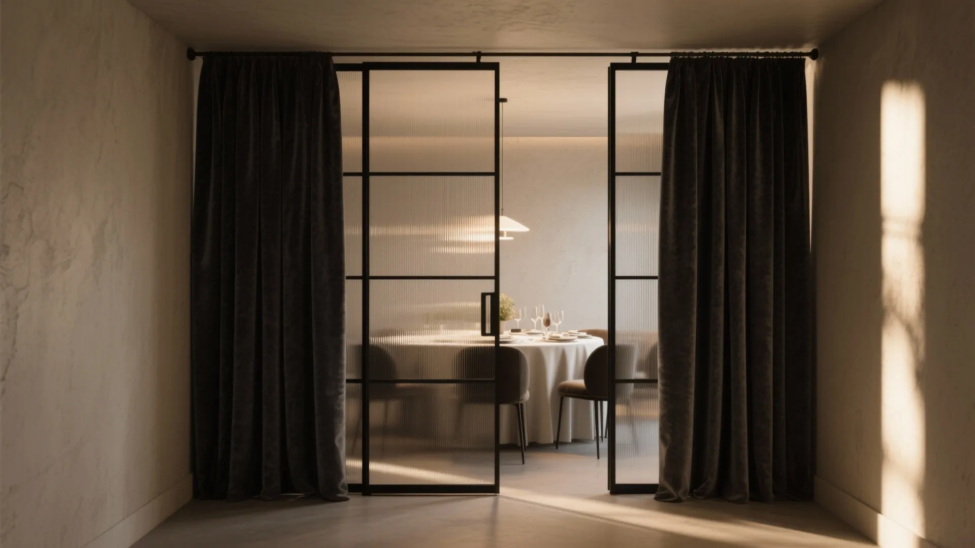Slim black-framed glazed partition with acoustic glass and a heavy drape creating daylight and privacy.