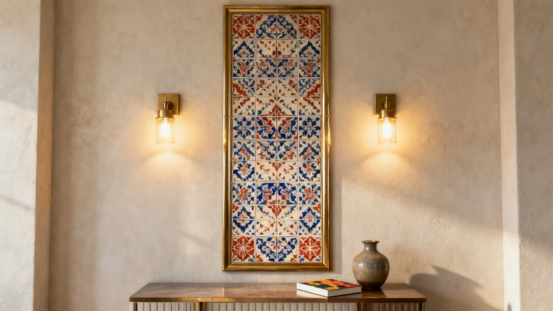 Desi-modern glazed ceramic patterned tile panel framed with slim brass trims.