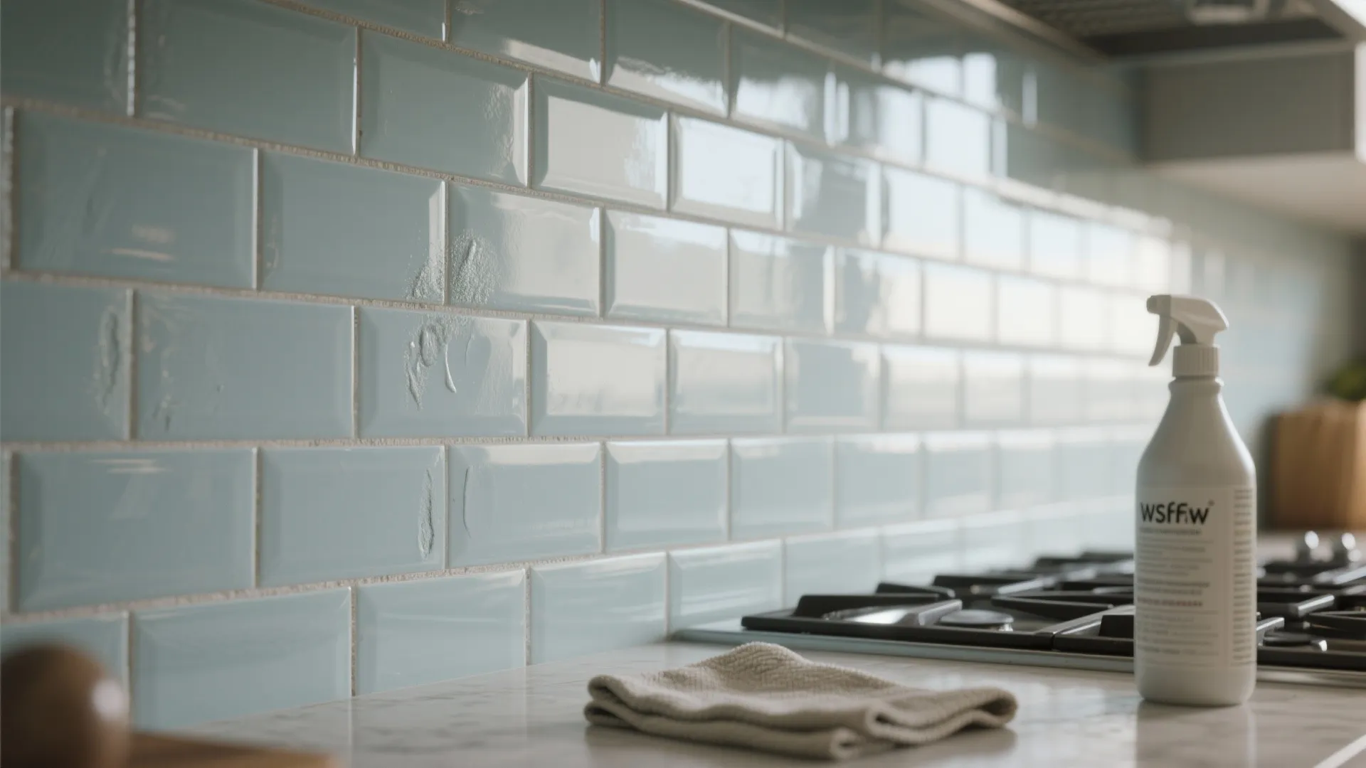 Glazed subway tile backsplash with semi-gloss wall finish and cleaning supplies nearby.
