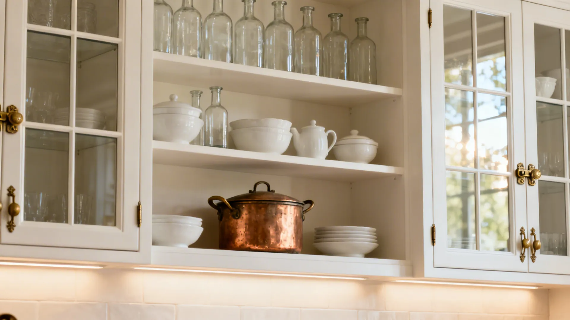Glazed upper cabinets with antique brass hardware and curated glass and ceramic display.