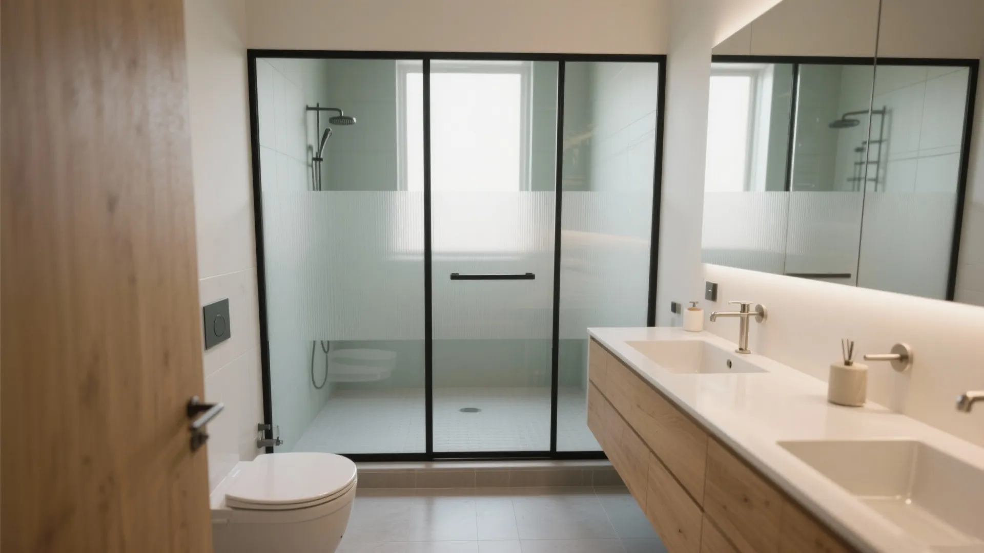 Modern bathroom with double sink wood cabinet glass shower door white toilet and large wall mirror