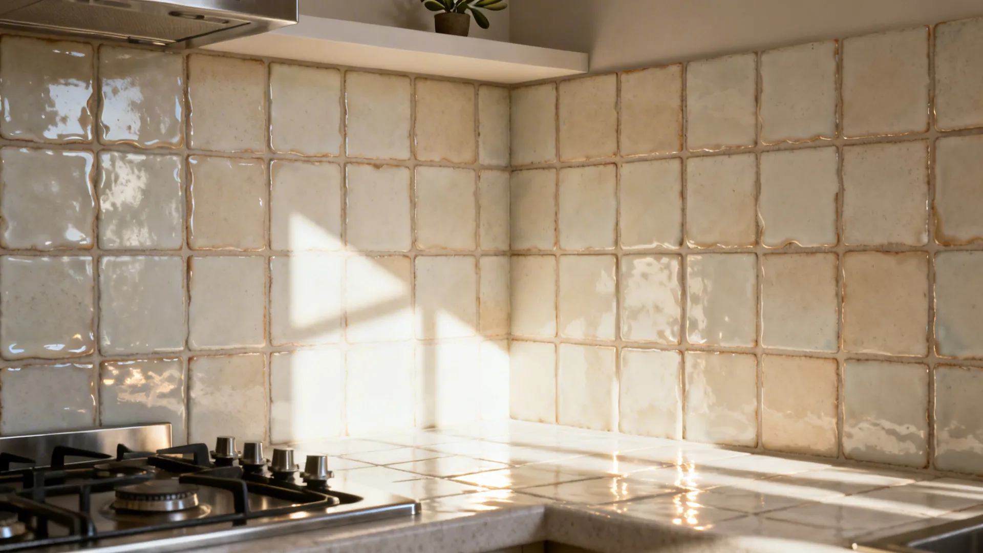 Glazed 4x4 zellige backsplash with shimmering glaze catching warm afternoon light.