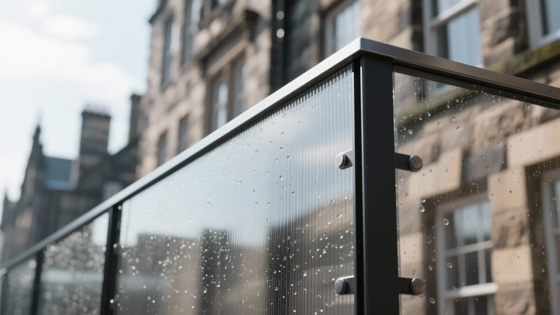Close up of glass balcony railing with water drops on surface against blurry old stone building