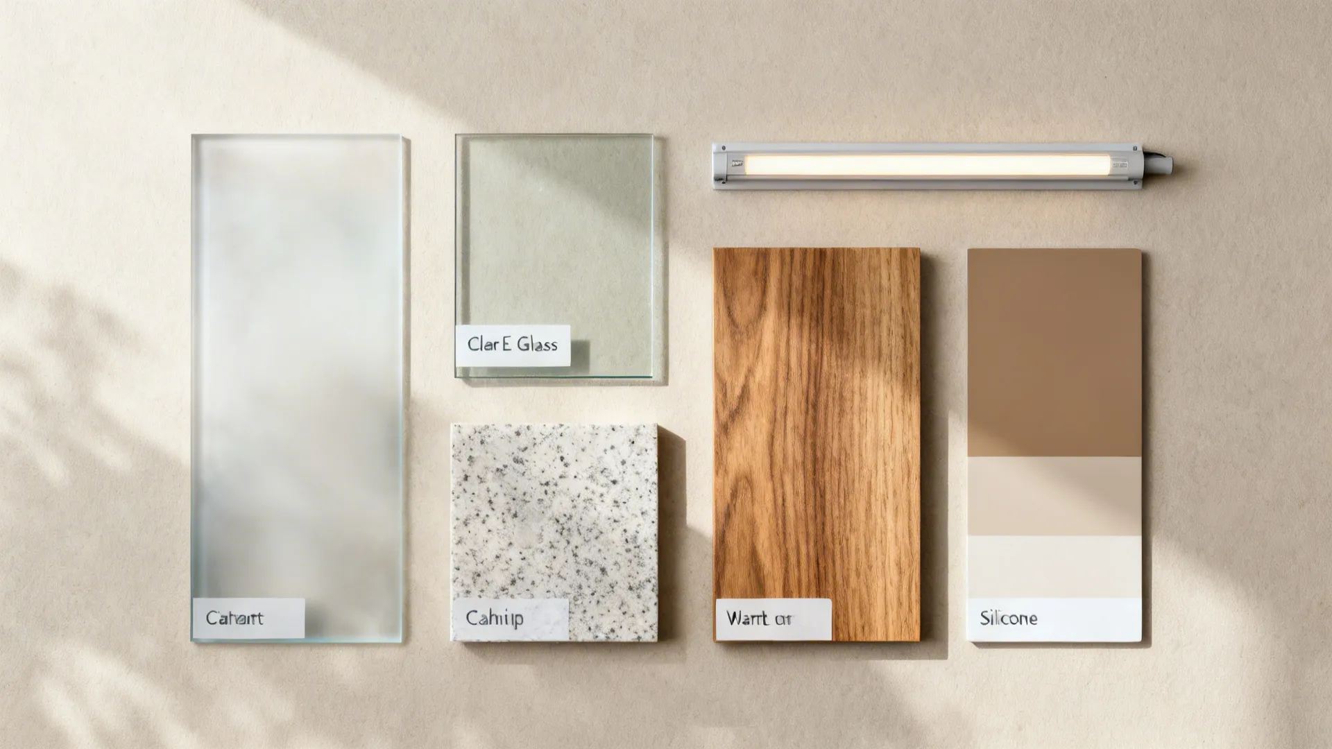 Top-down flat lay of frosted and clear glass samples, LED strip, quartz, wood veneer, and silicone color.