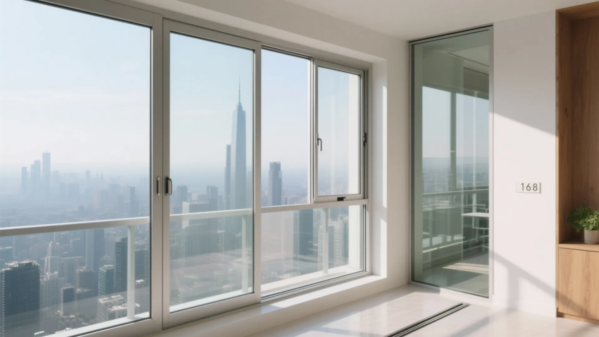 Modern bright room with large glass windows overlooking a city skyline and wooden storage cabinet