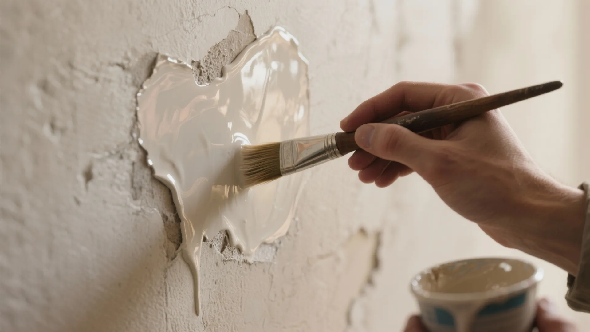 A person using a small brush to apply white paint onto a damaged wall surface