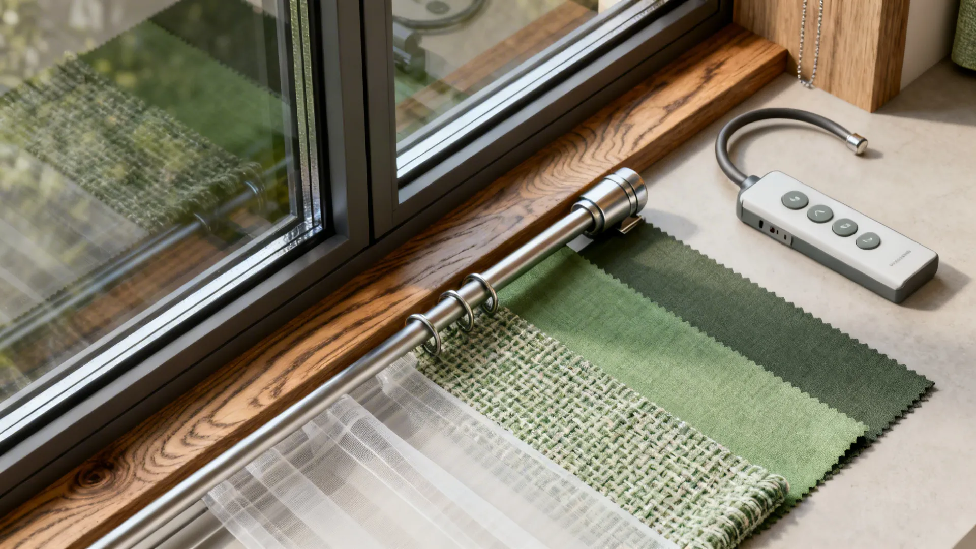Material flatlay of glazing samples, sheer and blackout fabric swatches, and curved rod detail for bay windows.