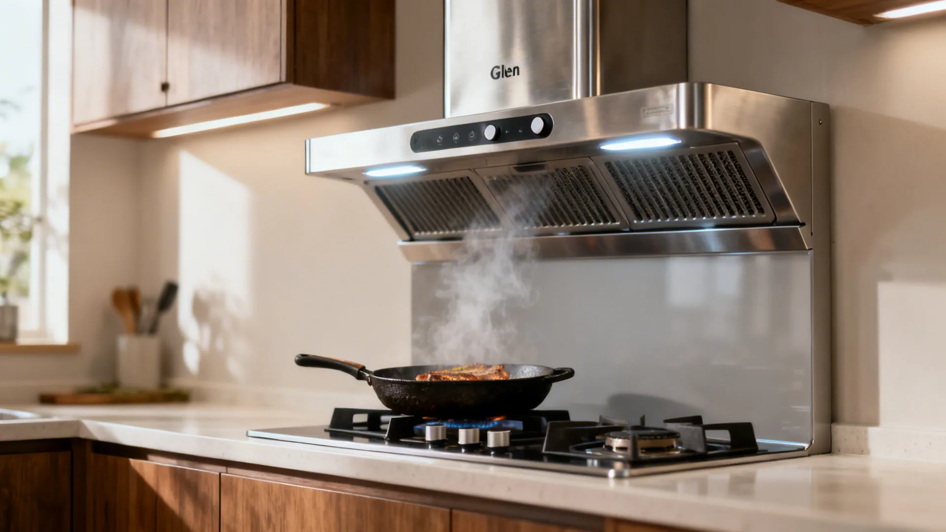 Stainless chimney with simple push-button controls in a compact kitchen.
