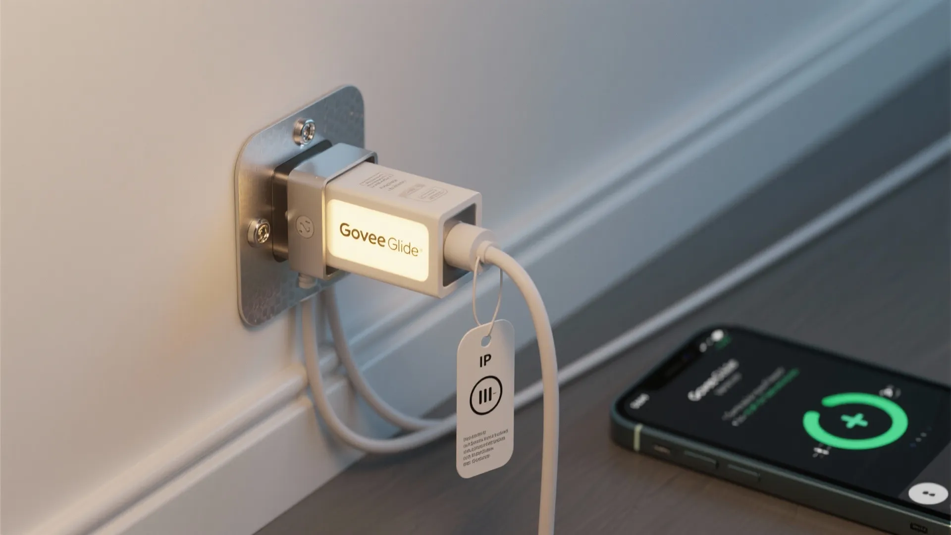 Smart light power adapter plugged into wall outlet with smartphone app control in foreground display