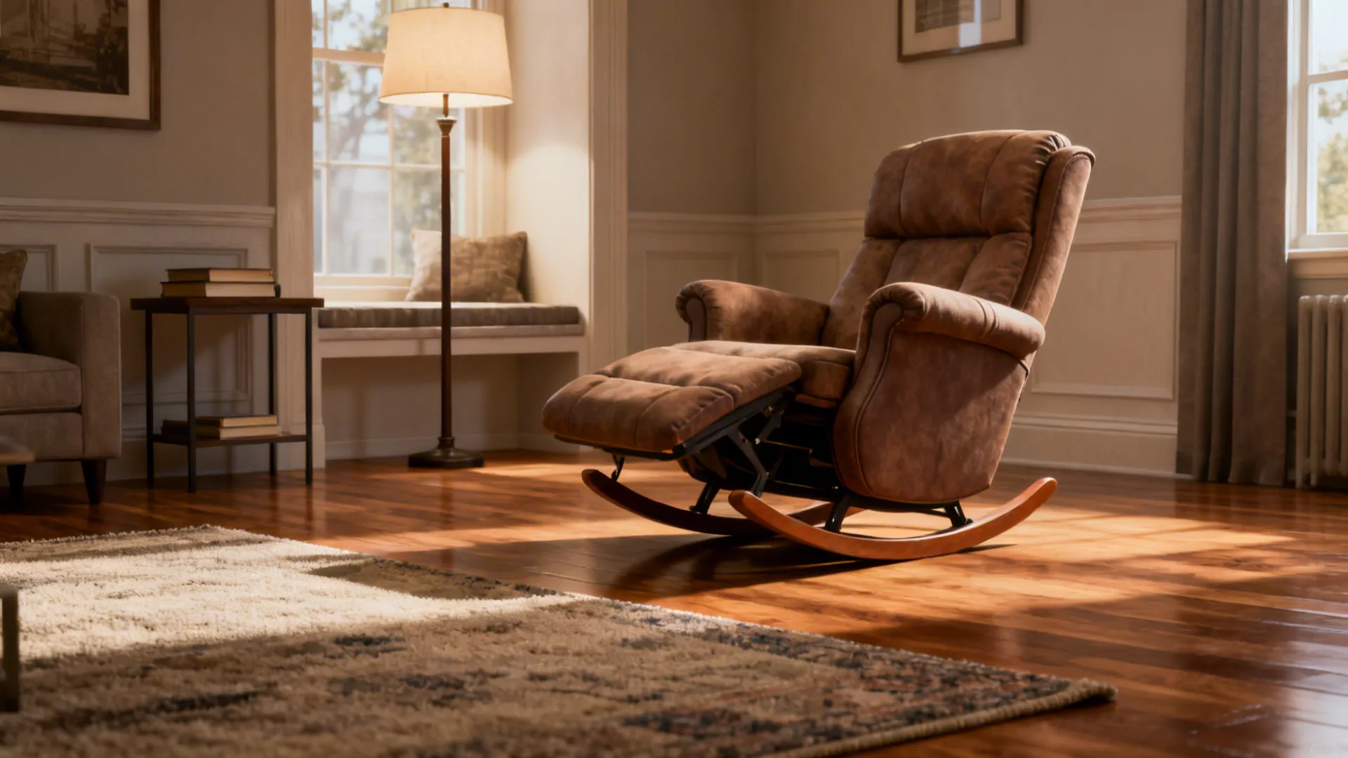 Swivel-and-glide recliner on hardwood with adequate floor clearance and a cozy reading nook setup