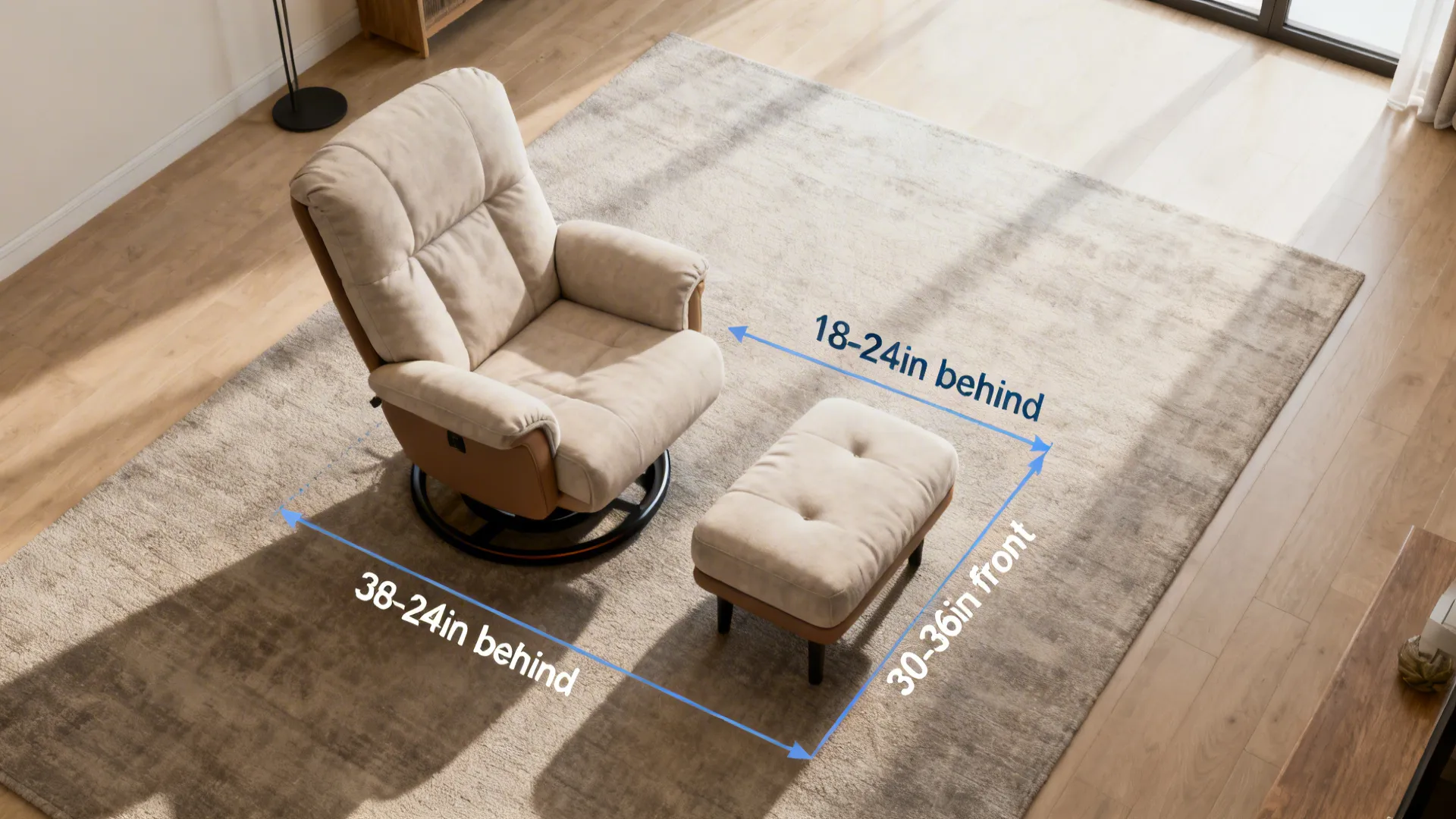 Top-down living room layout illustrating clearance recommendations for a swivel glider and ottoman.