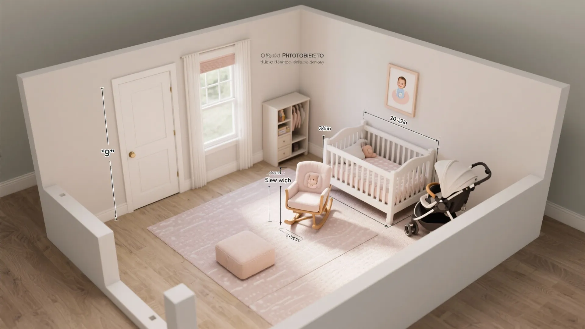 Nursery room interior design drawing showing baby crib rocking chair stroller and floor plan dimensions