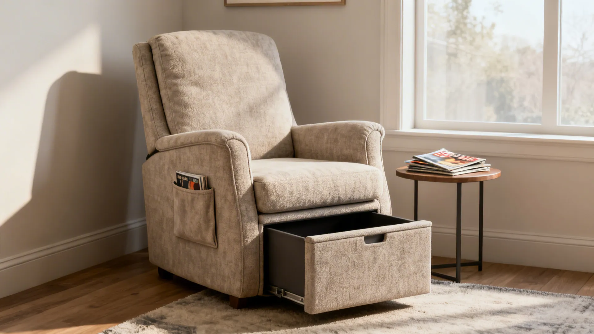 Compact studio corner with an upholstered glider featuring a side pocket and underseat storage