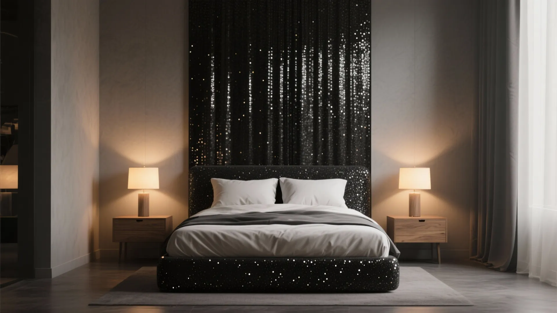 Bedroom with a single sheer black glitter accent wall behind the bed and warm bedside lamps.