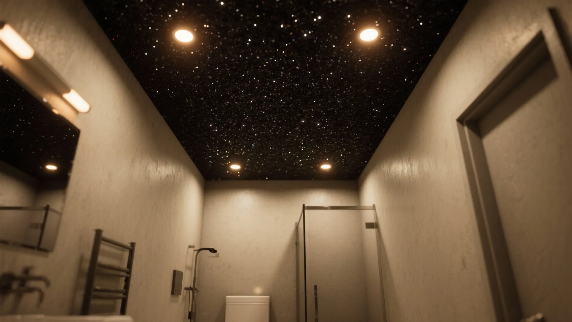 Small room with a black glitter ceiling lit by warm downlights, creating intimate shimmer.