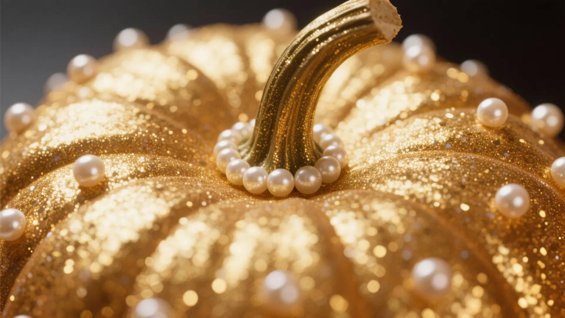 Gold pumpkin with shimmering glitter and pearl accents on stem