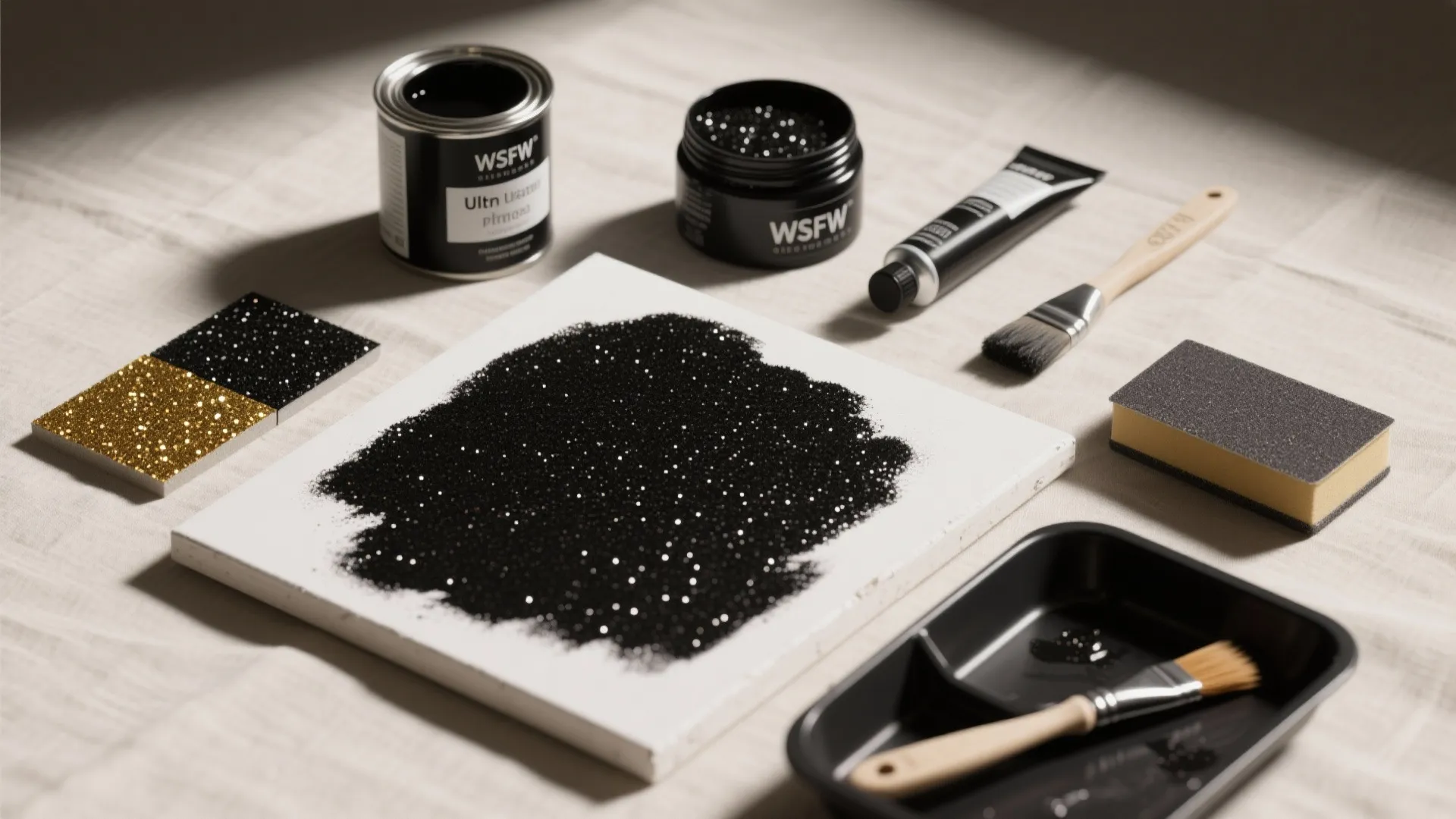 Flatlay of paint prep materials including sample board, glitter jars, primer, brushes and sanding block.