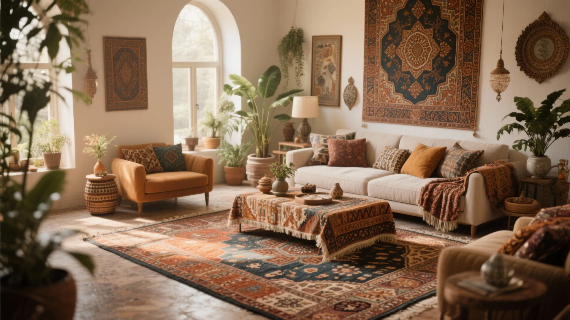 Layered Persian and Moroccan rugs in warm-toned living room