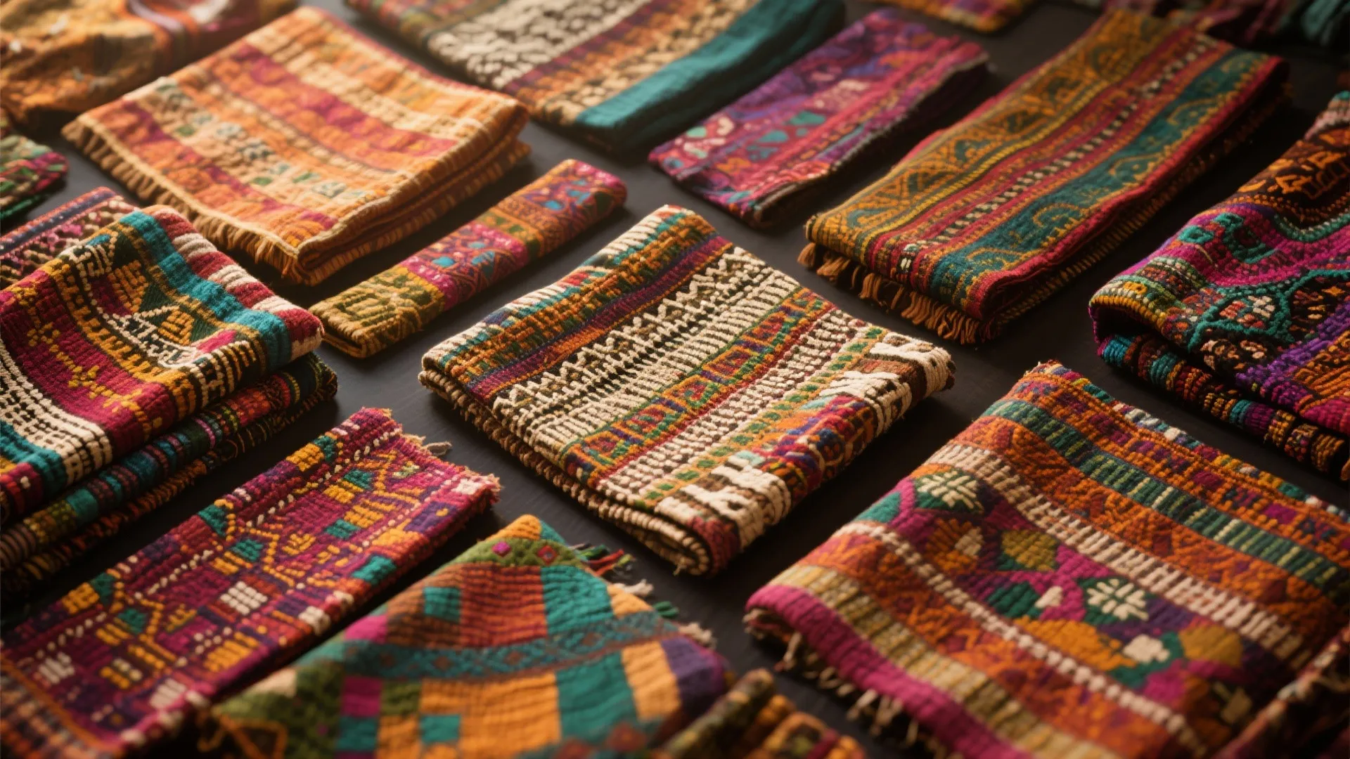 Assorted global textile fabrics in a flat lay with vibrant patterns