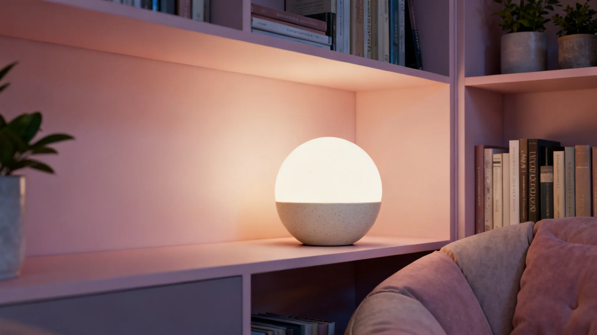 Touch-sensitive ambient globe lamp glowing on a low shelf in a small living room with books and plants.