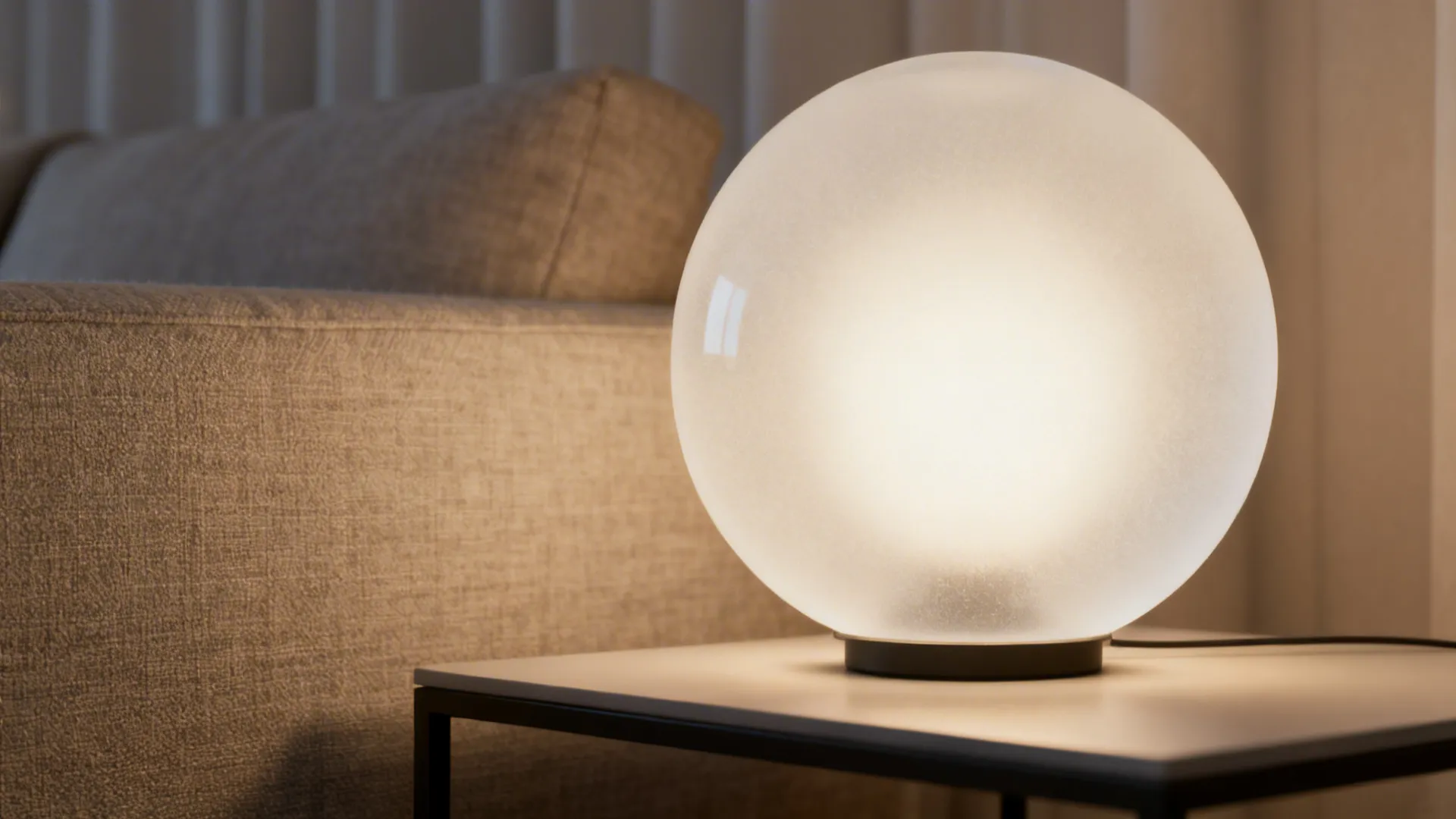 Frosted glass globe lamp casting warm ambient light on a side table