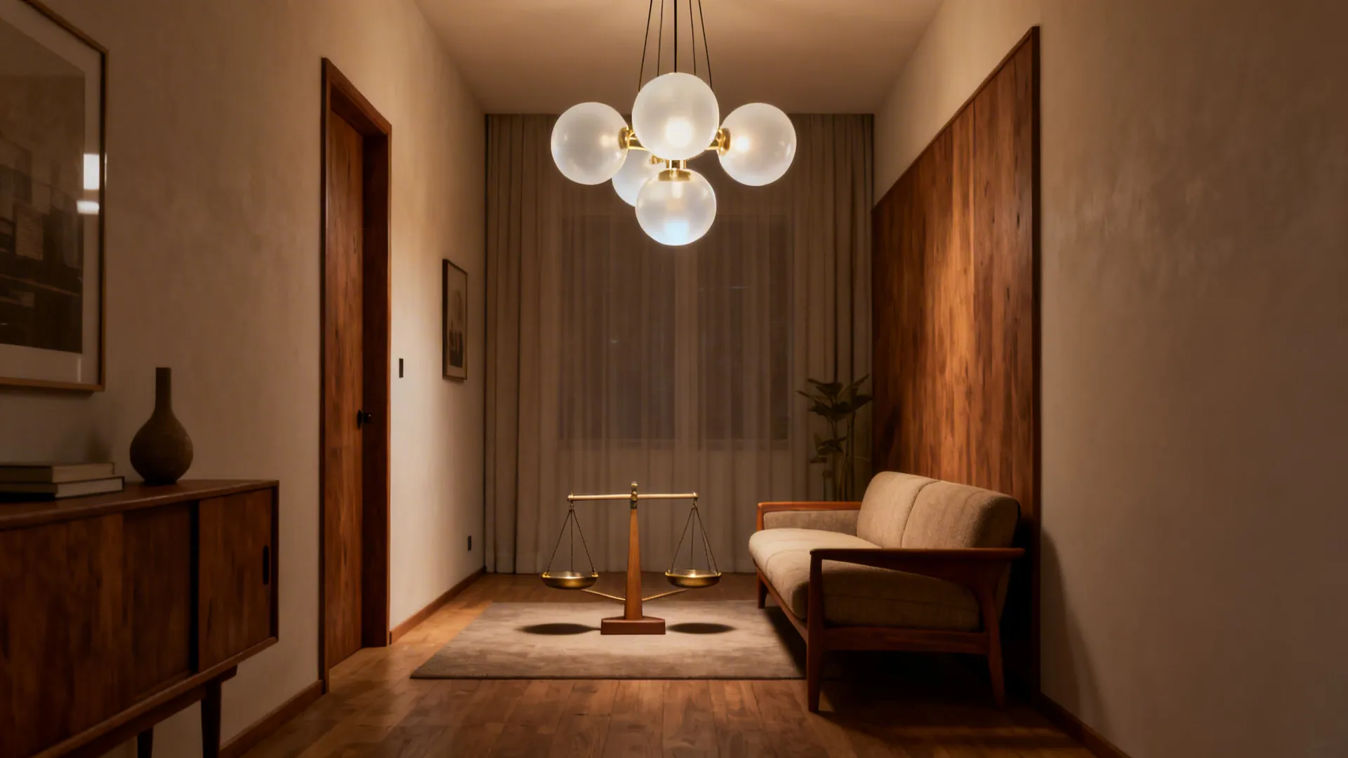 Narrow living room with a five-globe frosted cluster chandelier providing even soft light