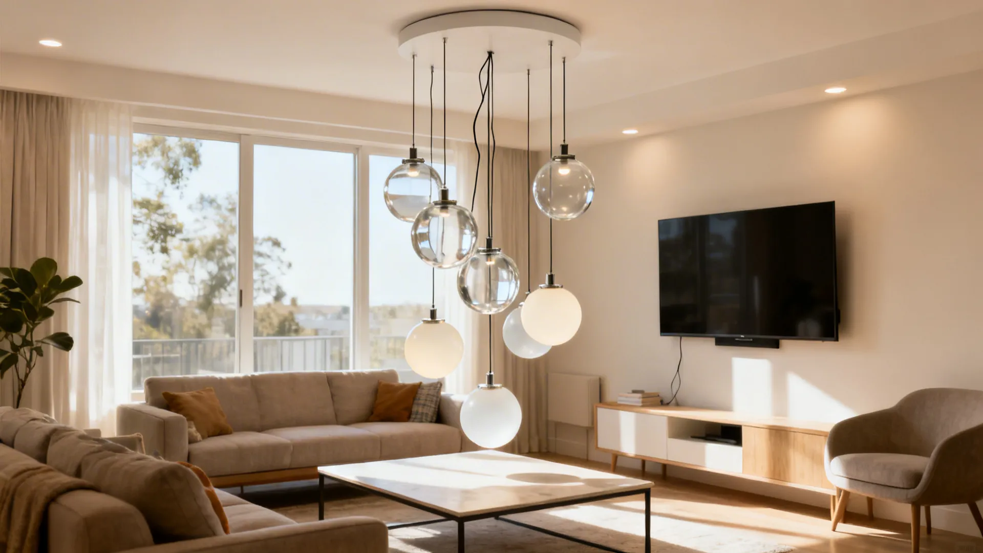 Staggered glass globe cluster jhoomar over a family living room coffee table.