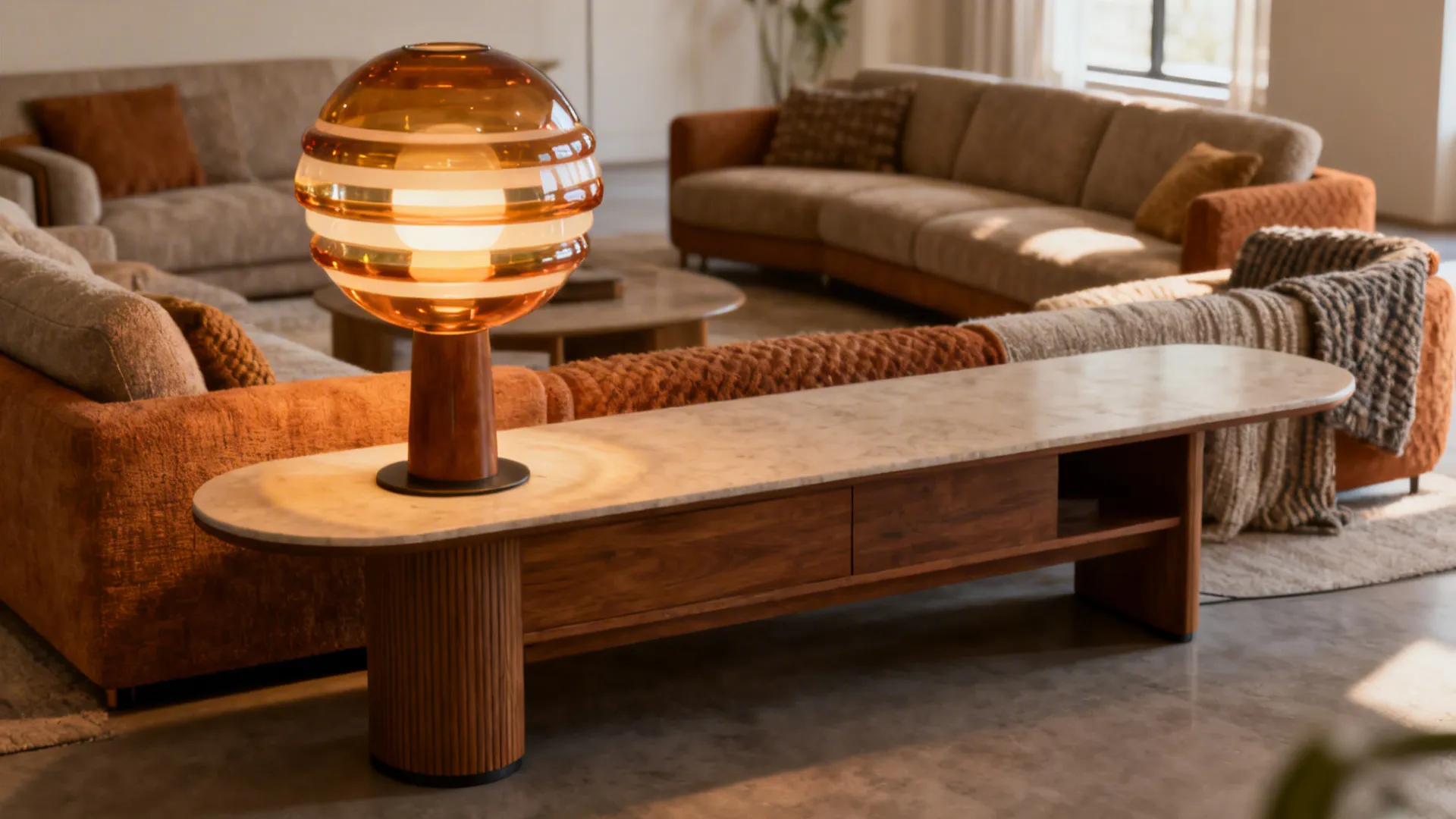 Layered glass globe table lamp emitting warm, even light on a sturdy console in a mid-century living room.