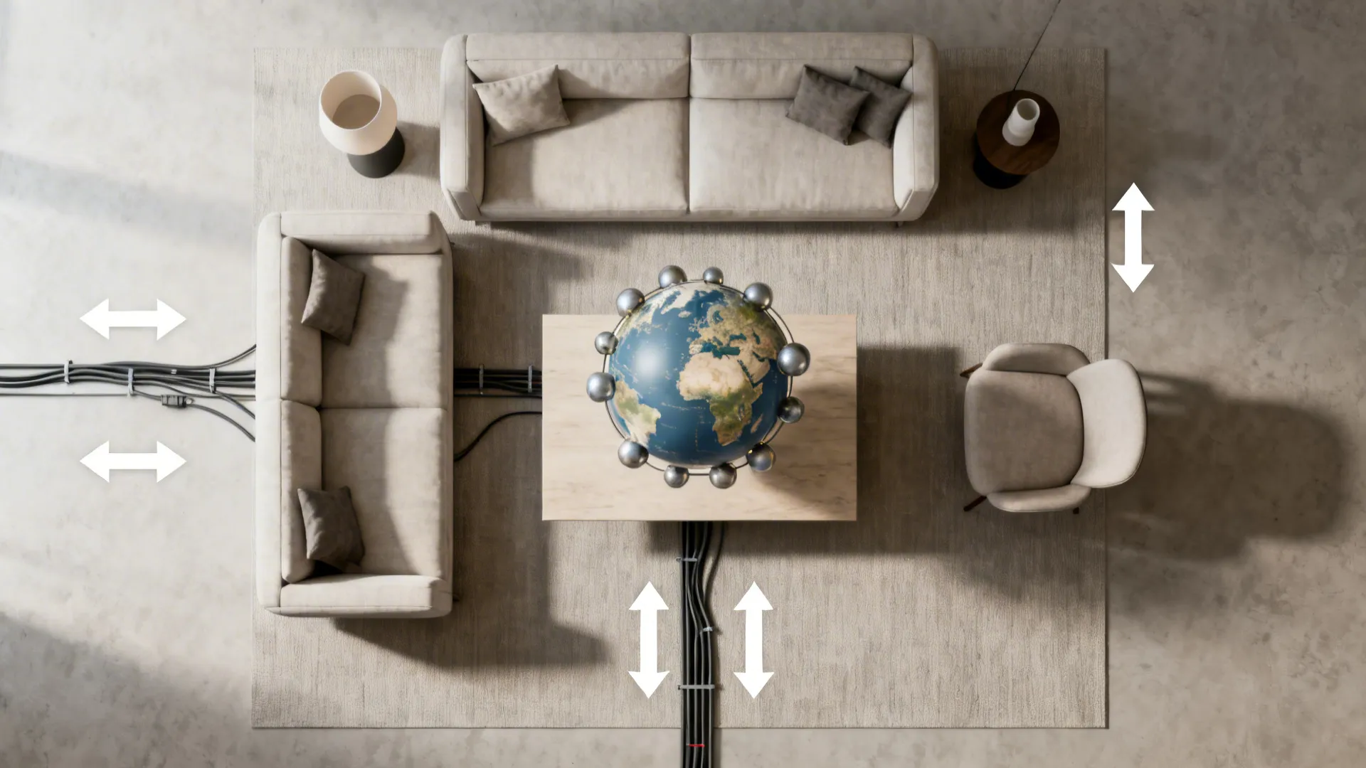 Top-down living room plan showing a centered globe cluster over the coffee table with staggered drops.