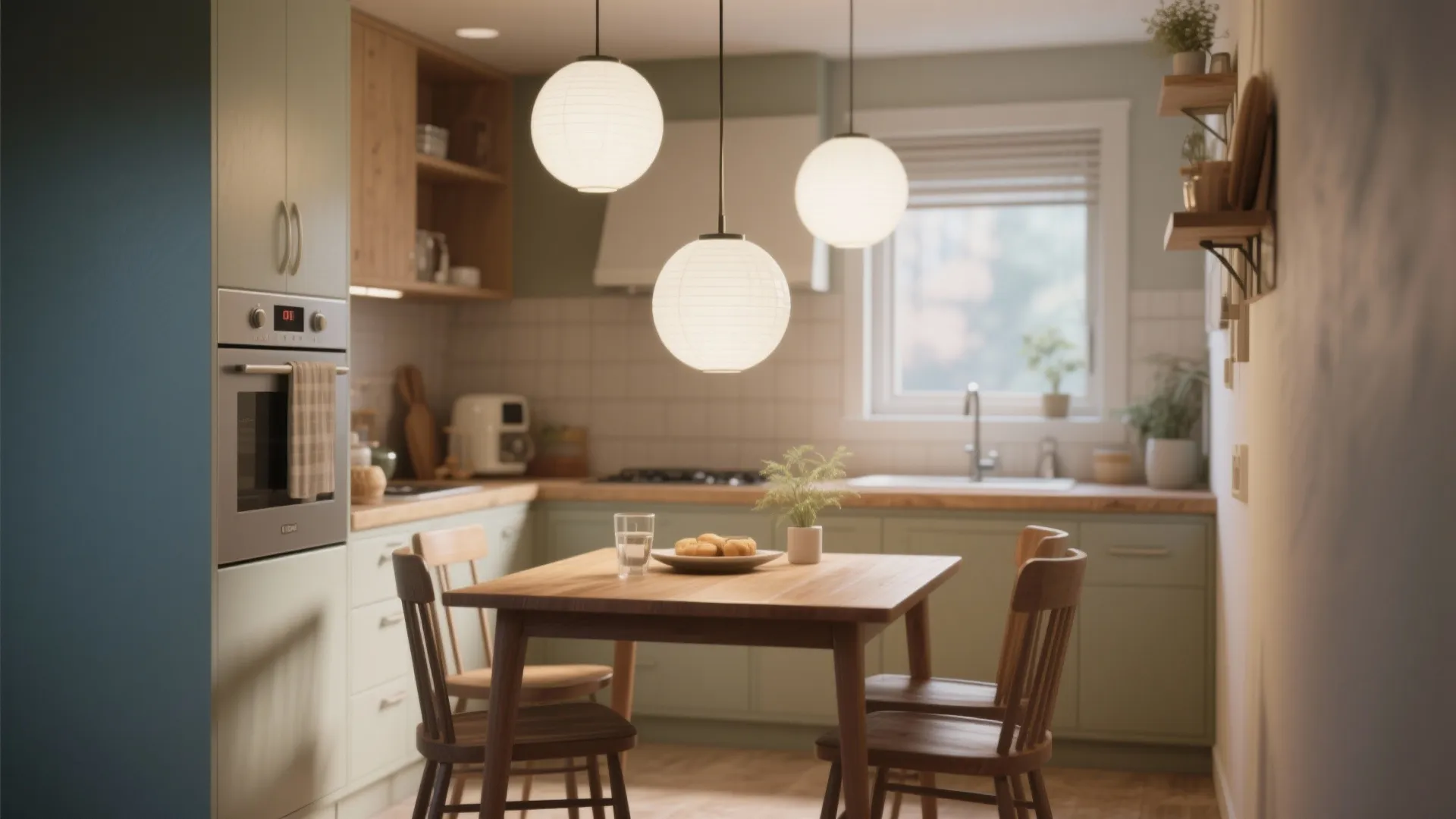 Three round white ceiling lights hanging over wooden table in kitchen with light green cabinets