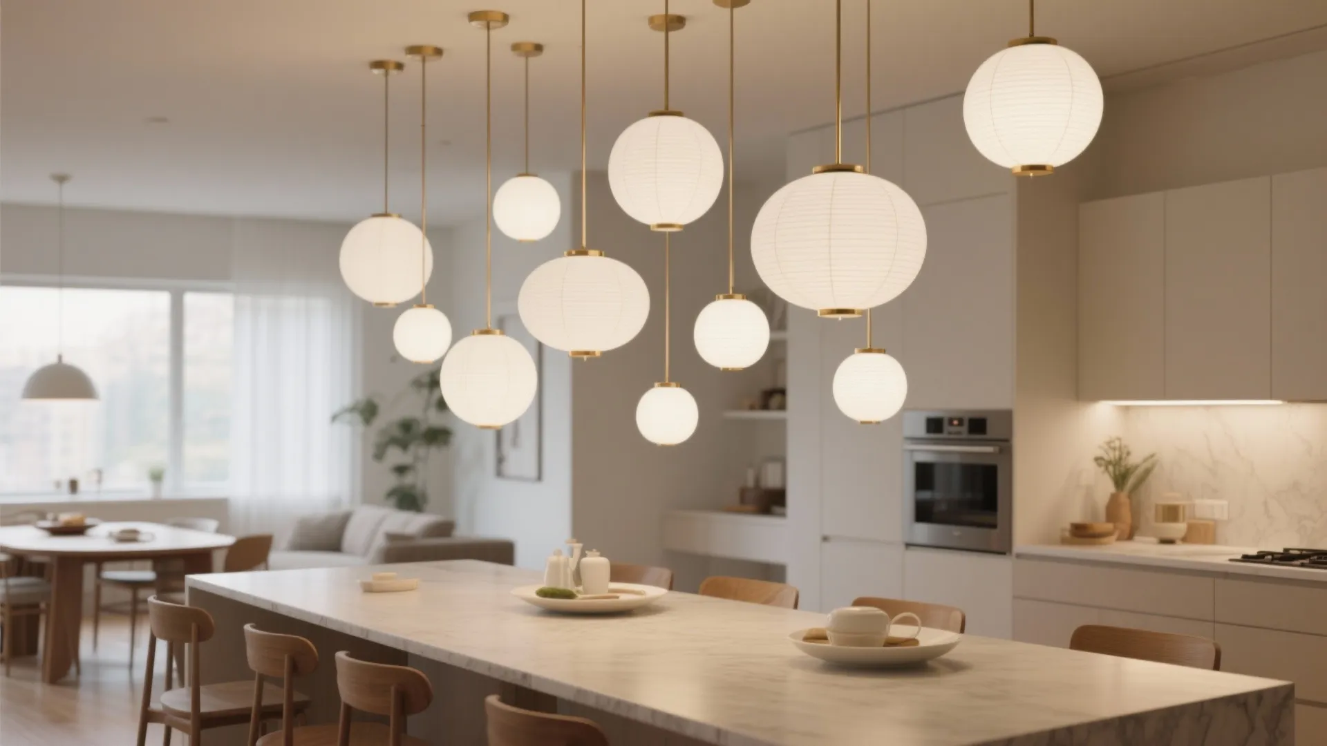 Modern kitchen island with marble top and multiple white globe paper ceiling light fixtures hanging