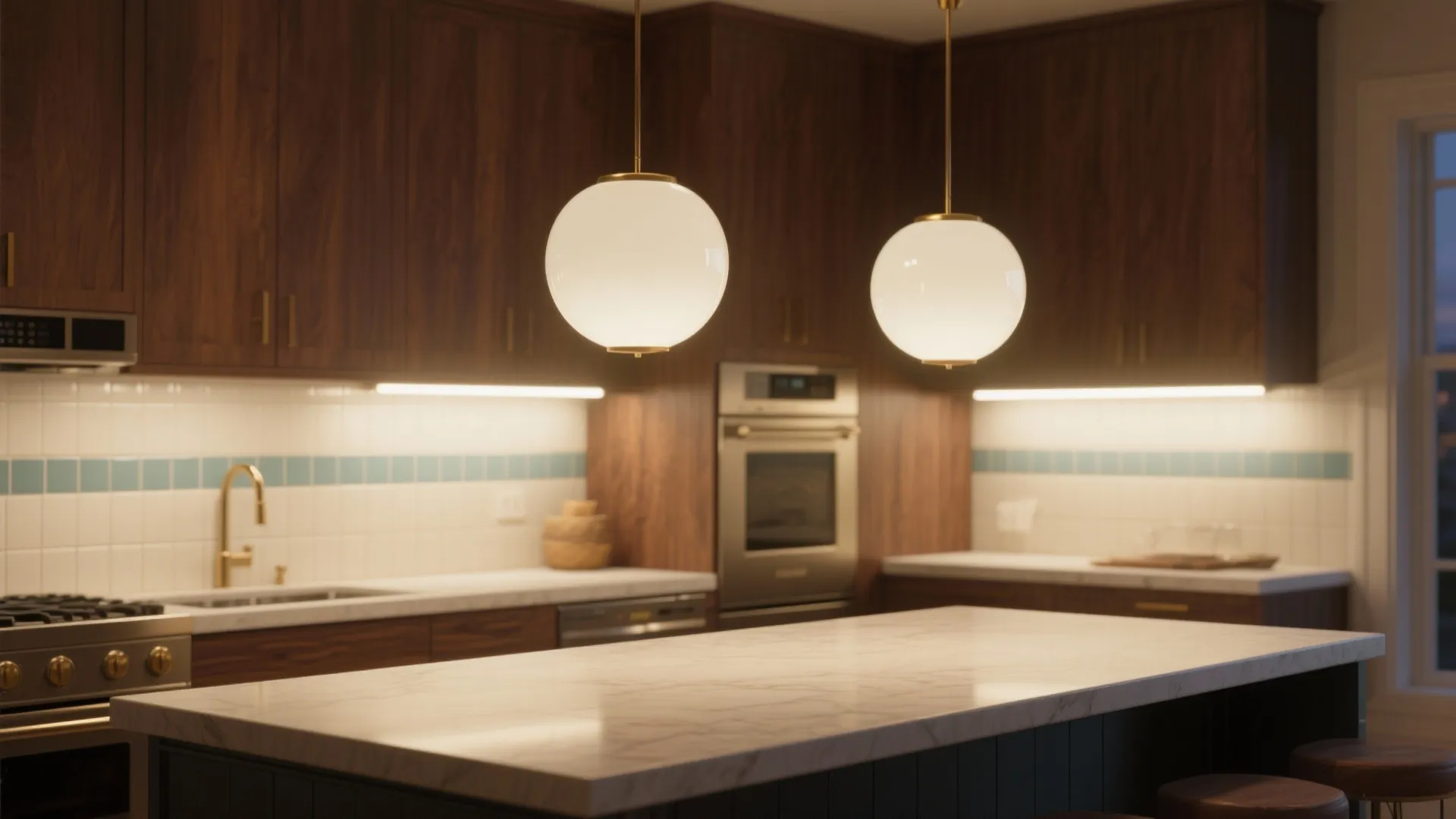3) Globe pendants + soft under-cabinet glow