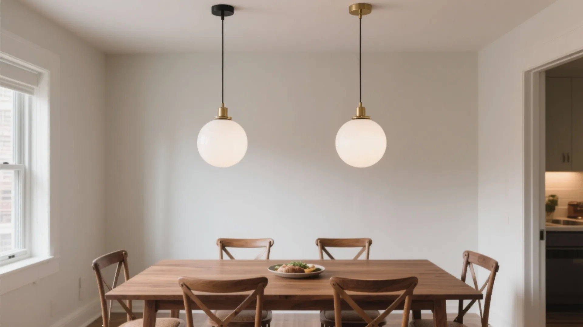 Two opal glass globe pendants over a 72-inch wood dining table in a compact condo, warm and glare-free