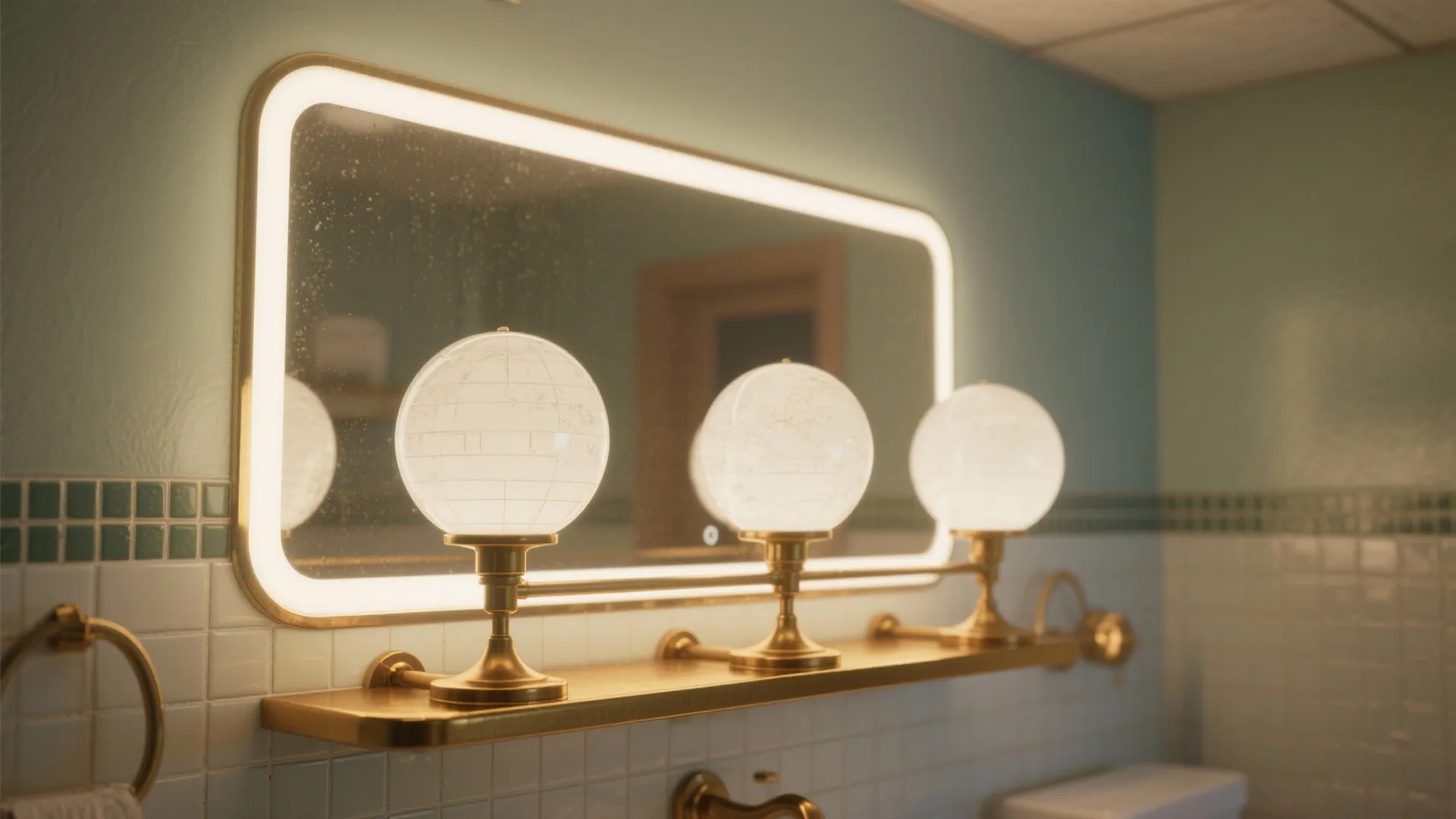 Three globe light fixtures on a gold shelf in front of a lighted bathroom mirror