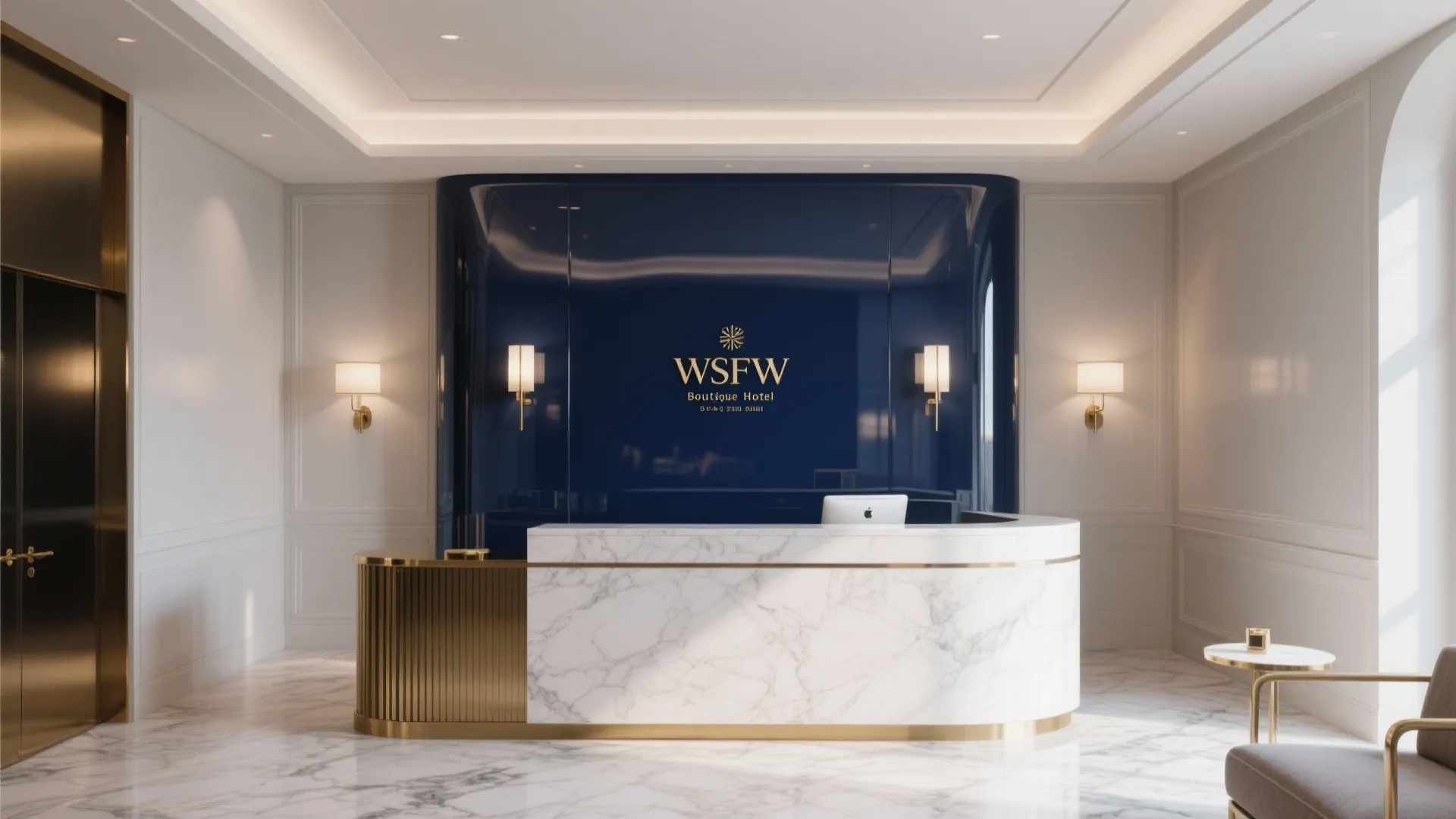 Luxury hotel reception area with blue wall background white marble desk and gold wall lights