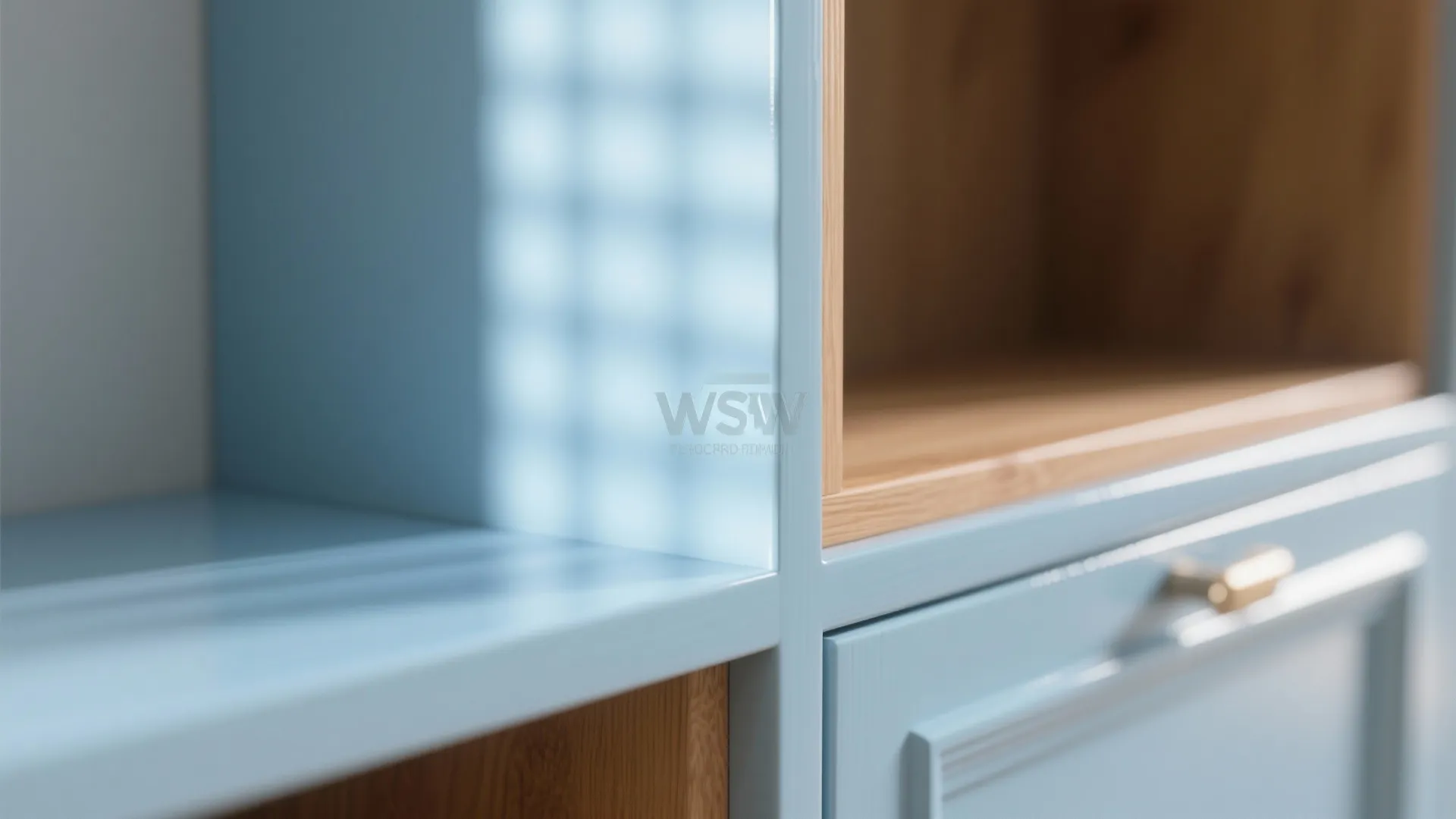 Close up of light blue glossy cabinet with wooden shelves and gold handle in bright sunlight