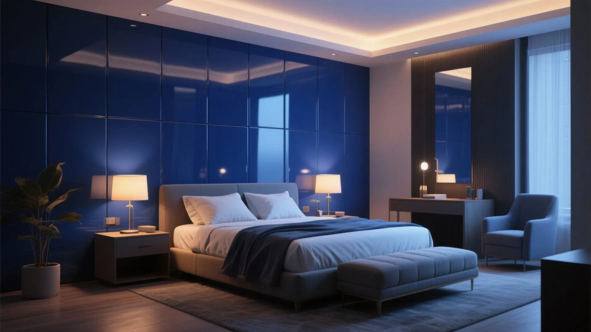 Modern bedroom with blue glossy wall panel, grey bed, blue armchair, soft rug and footrest