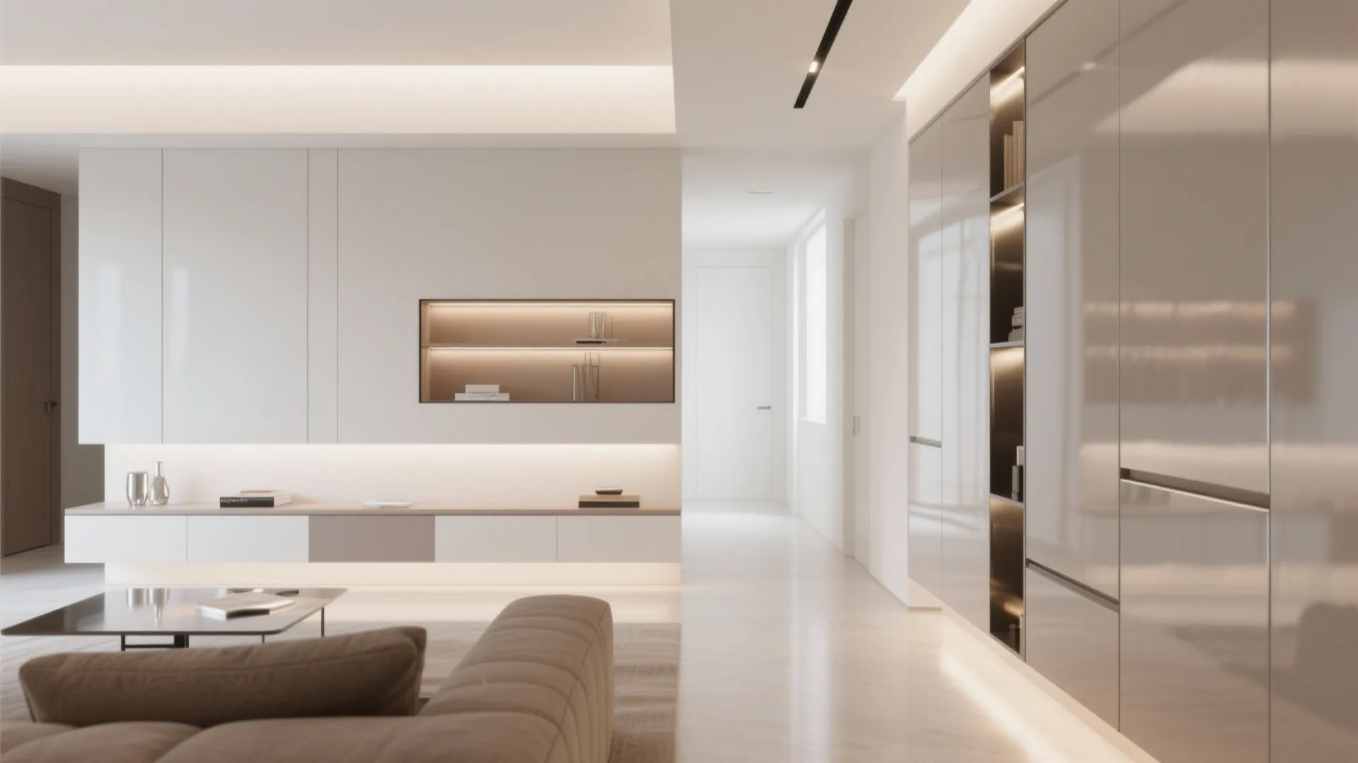 Bright hallway and living room with white walls and a large glossy storage cabinet system