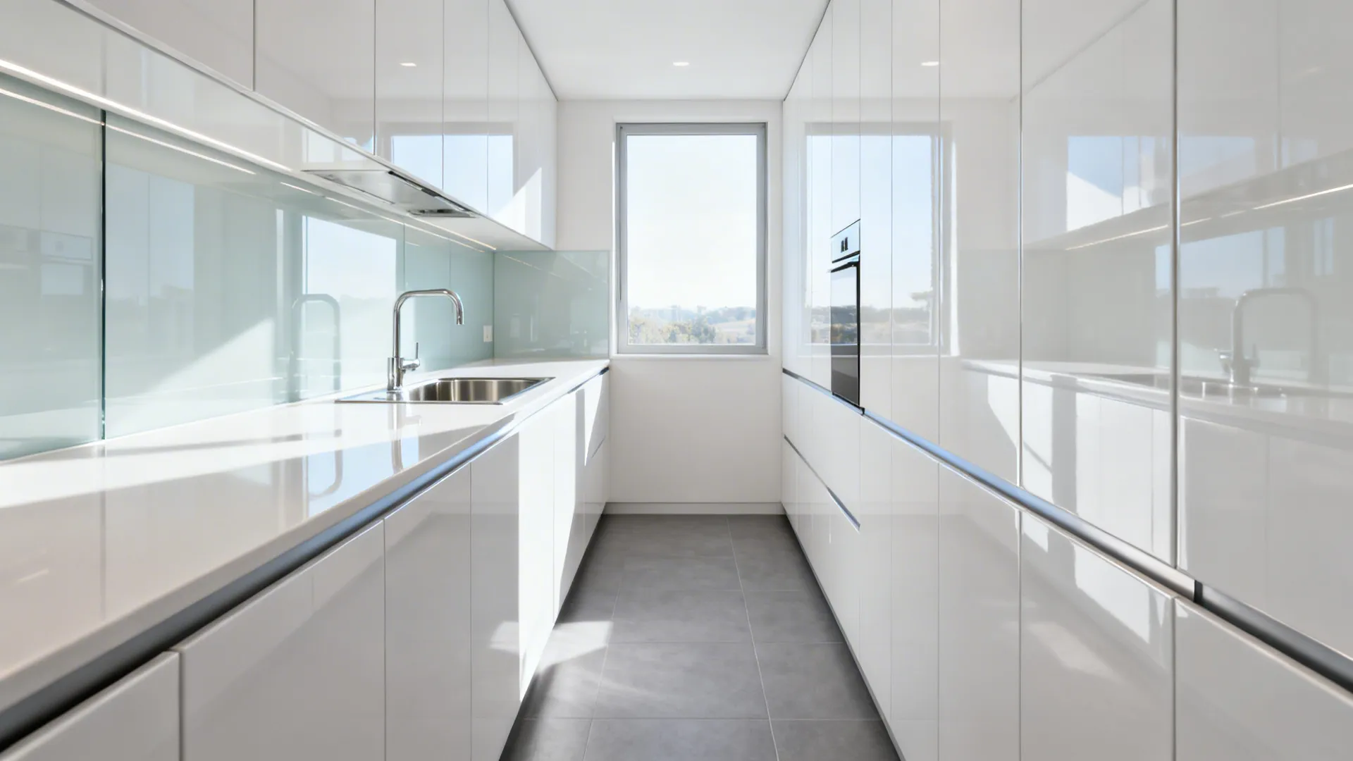 Narrow galley kitchen with high-gloss white acrylic cabinets reflecting soft daylight.