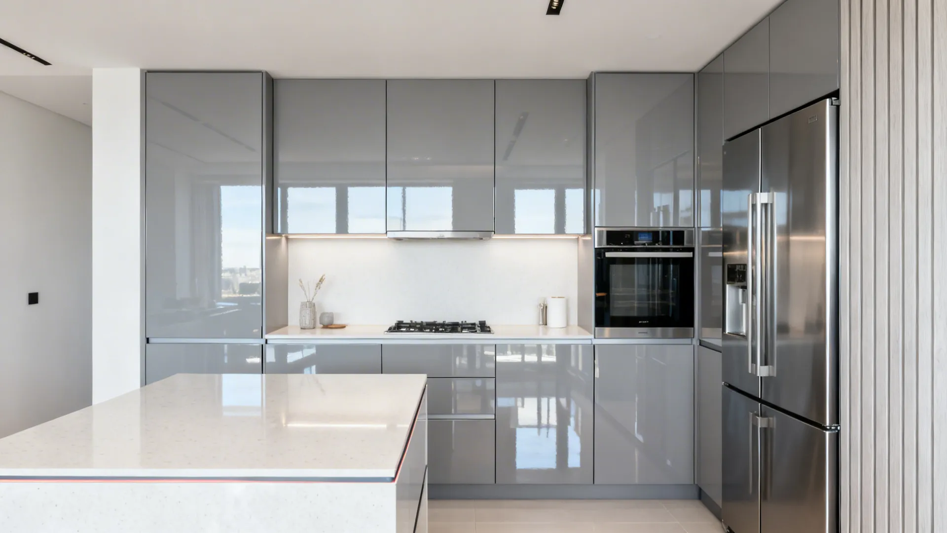 Studio kitchen with pearl-gray high-gloss acrylic shutters, shadow gaps, and push latches bouncing daylight.