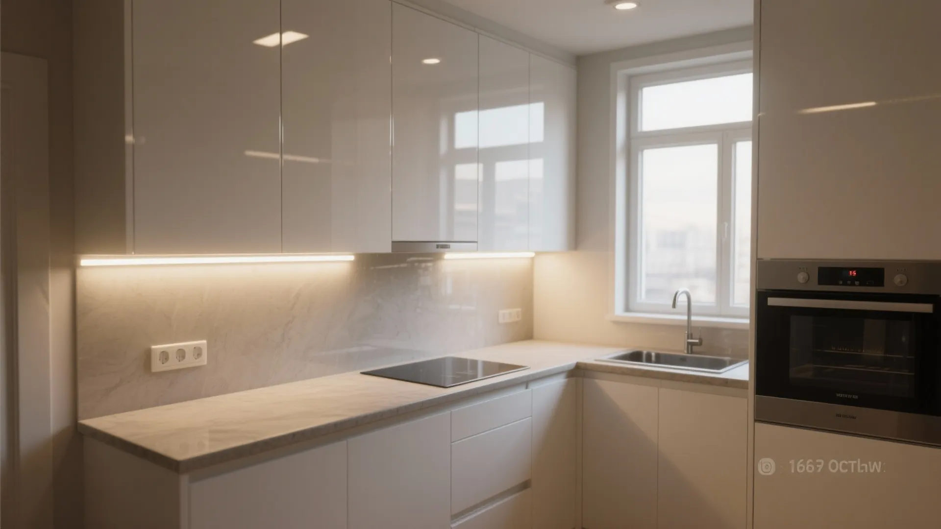 North-facing small kitchen with glossy white upper cabinets and under-cabinet LEDs minimizing glare