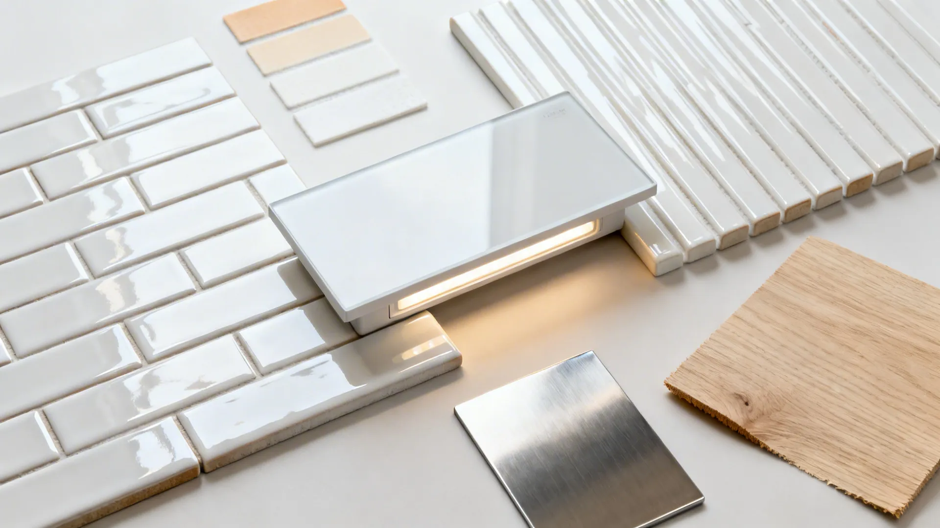 White wall tiles, wood sample, metal plate, color swatches, and light fixture on flat surface