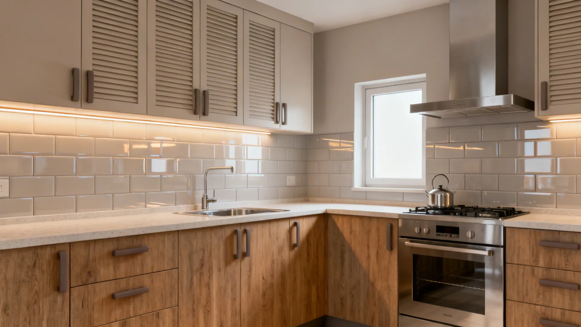 Glossy pale subway tile backsplash and warm LED strips brighten a narrow galley kitchen.