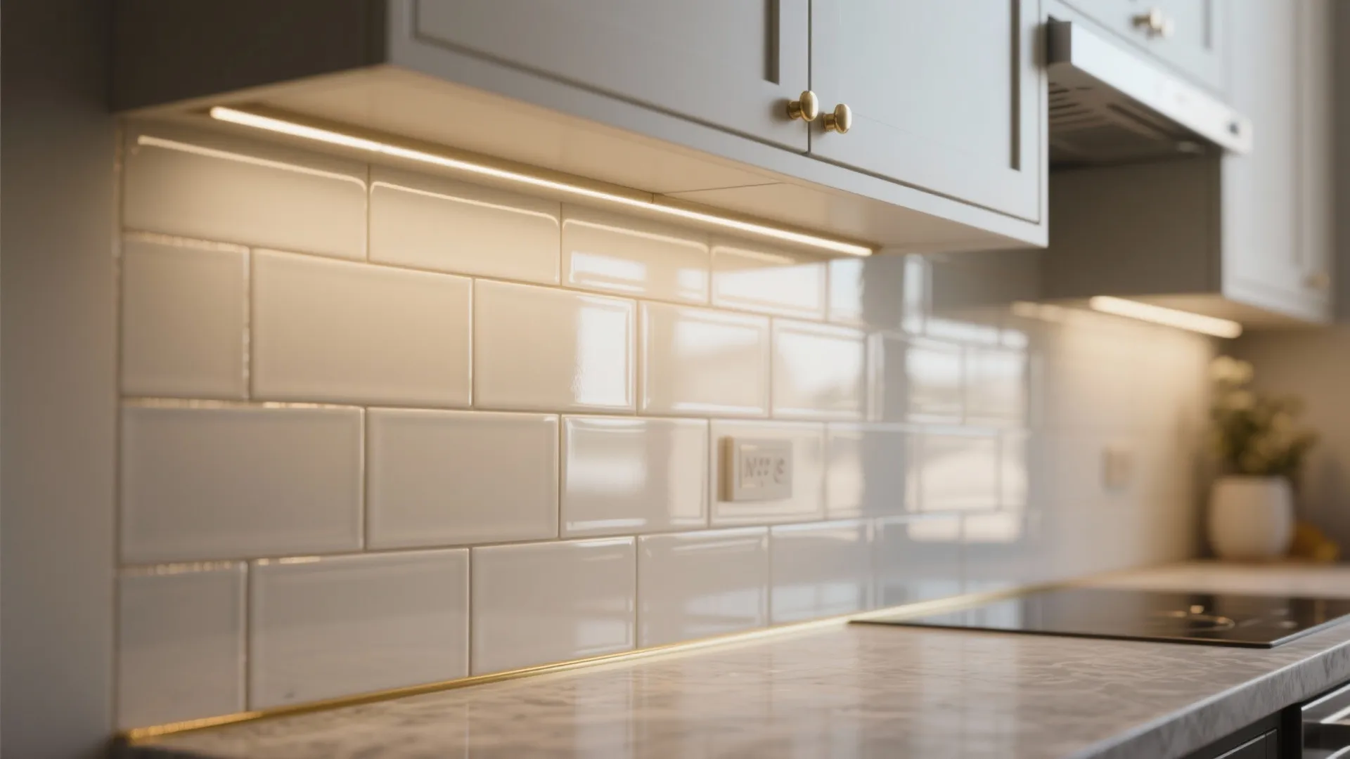 Modern kitchen with white brick wall tiles and warm light fixture under the grey cabinets