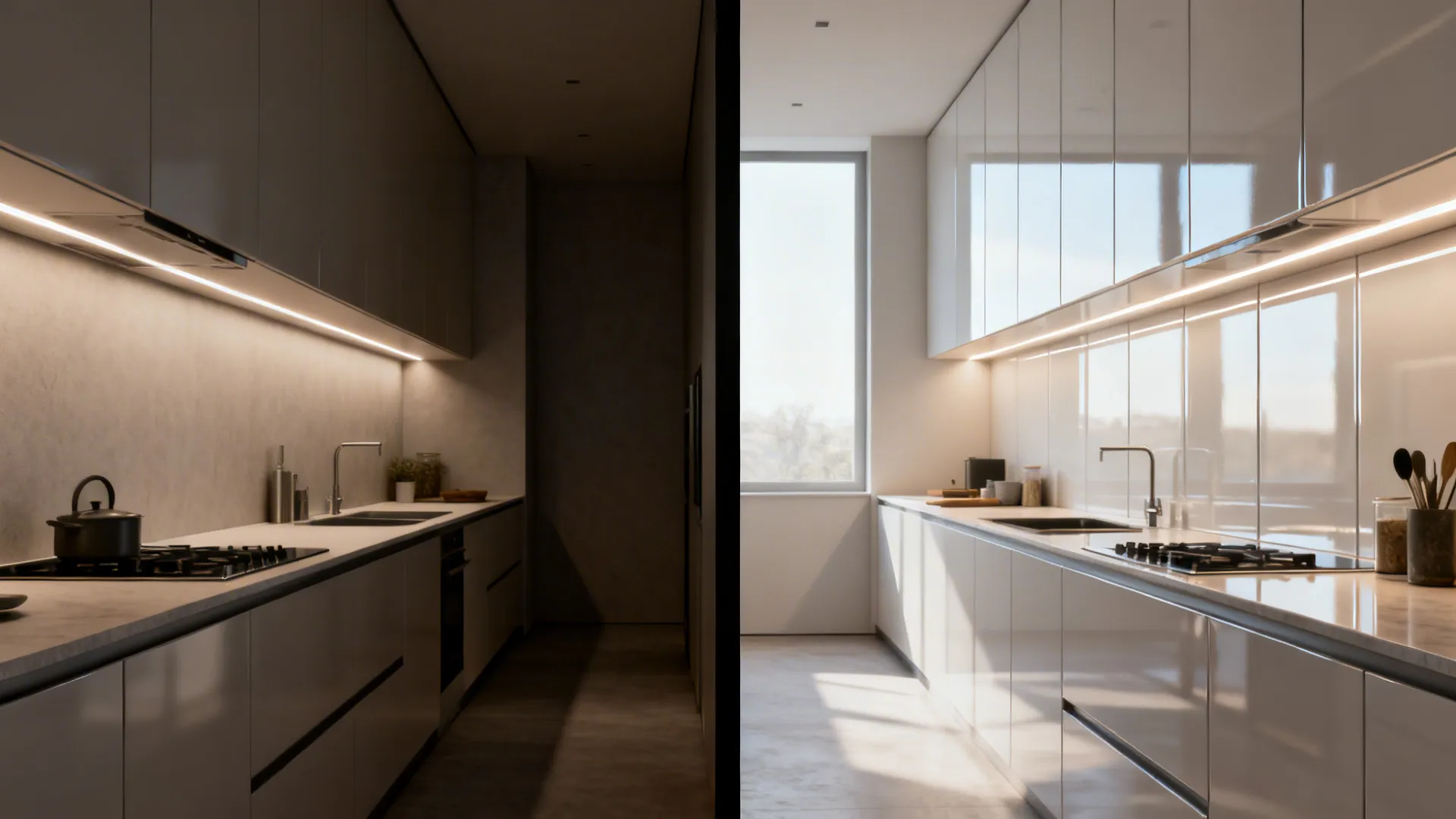 Before-and-after showing gloss PVC panels brightening a narrow kitchen.