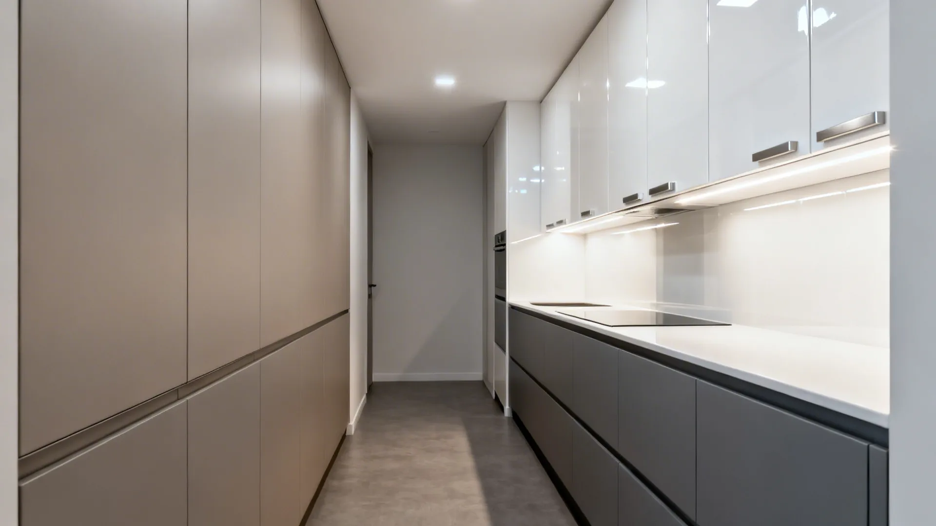 High-gloss laminates to bounce light in tiny kitchens