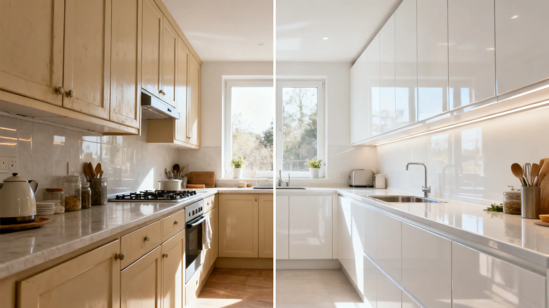Before-after of a small kitchen showing beige fronts replaced by high-gloss white uppers and satin lowers for brighter space.