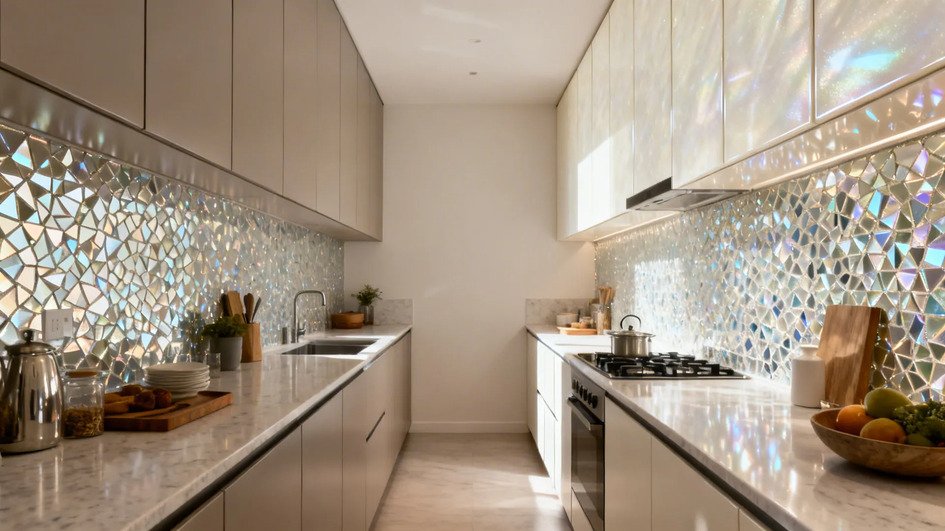 Side-by-side galley kitchen showing dull vs high-gloss mica uppers with brighter reflections.