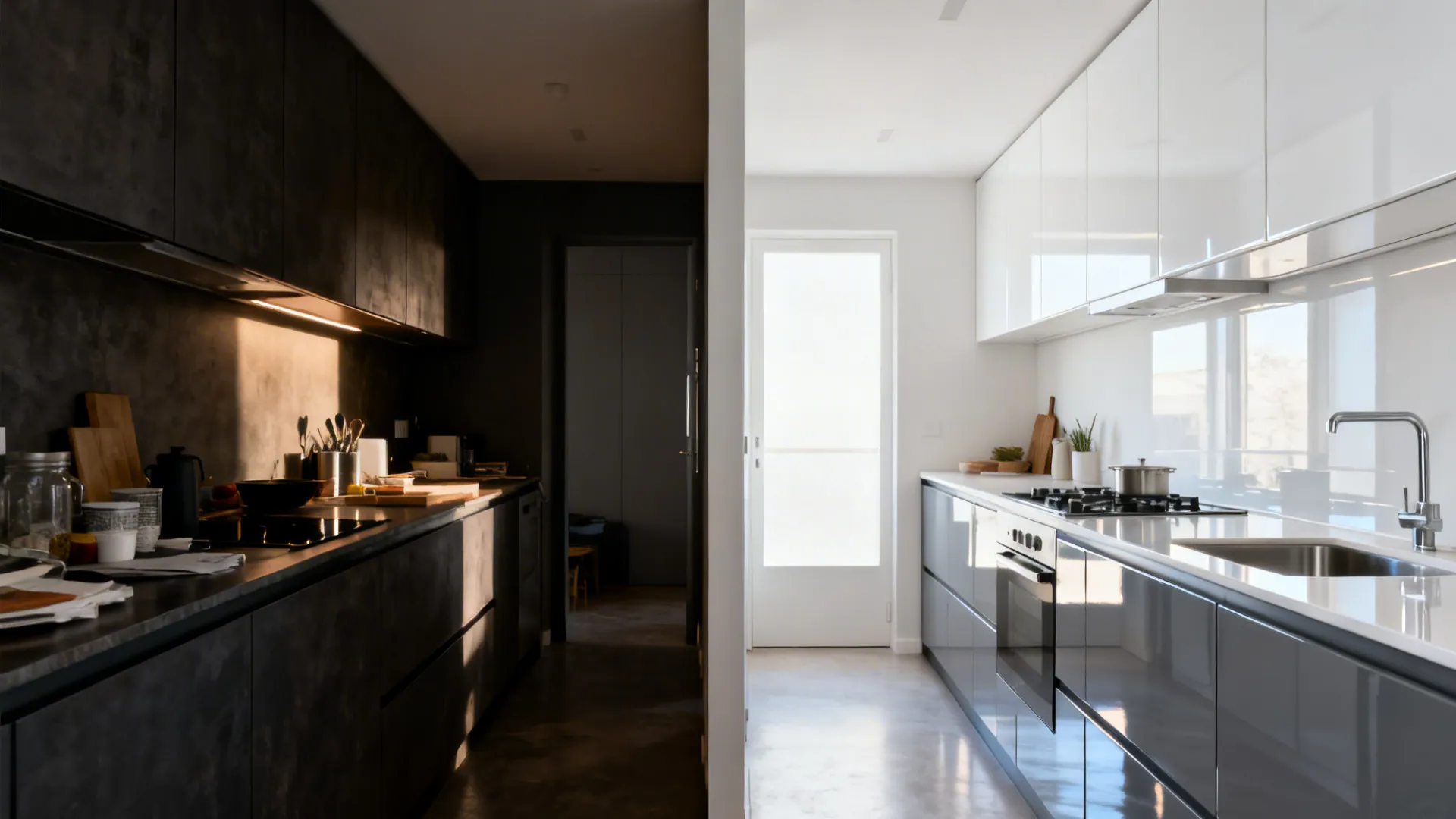 Idea 1: Minimal Grey & White Cabinetry with High-Gloss Sunmica