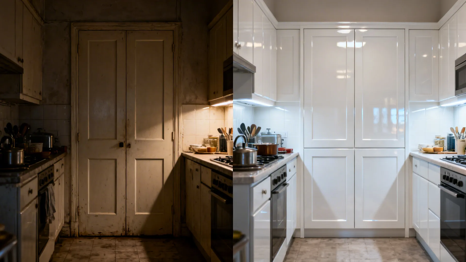 Before and after comparison of old dark kitchen versus clean new white high gloss cabinets